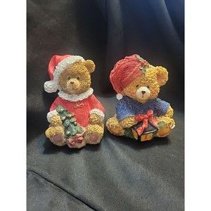 TEDDY BEAR Figurine Lot of 2 Christmas Home Decor Resin 4" Sparkly Glitter